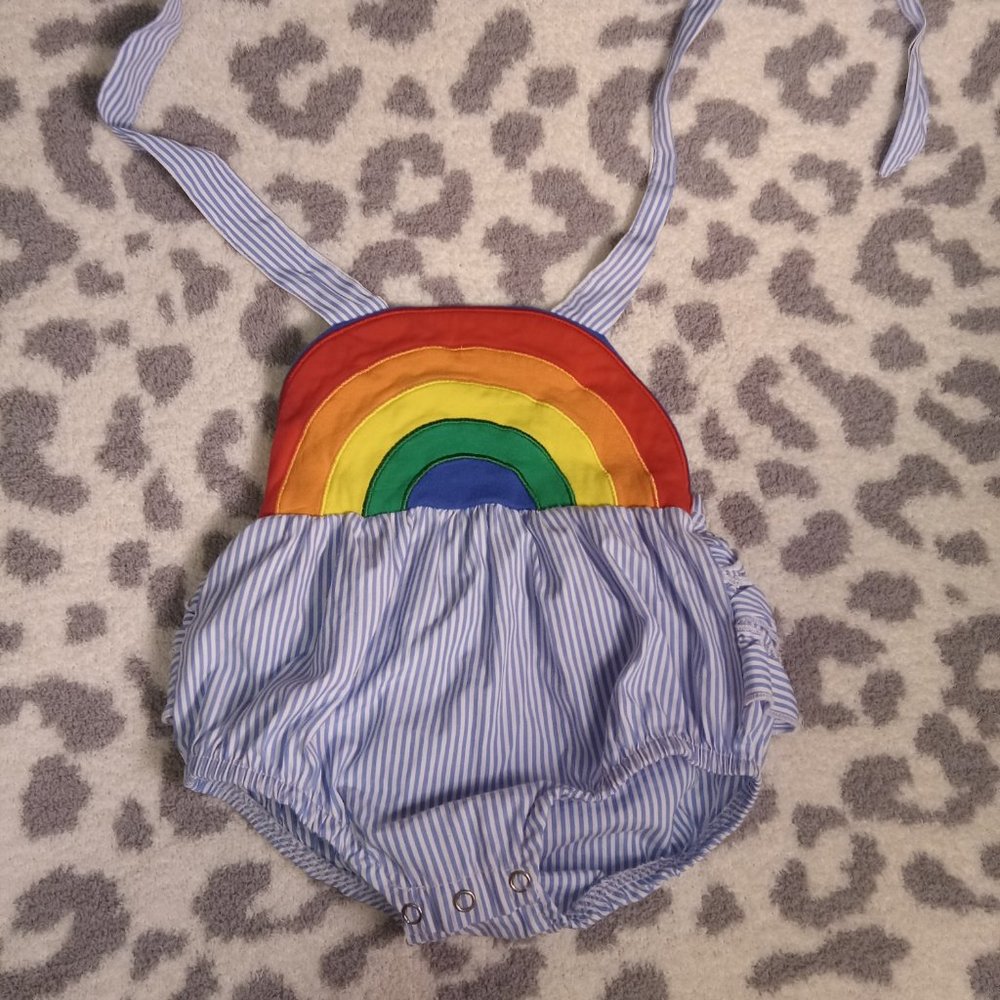 Baby girl striped Rainbow Romper with ruffle butt 12mo